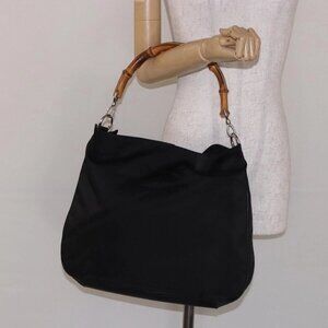 GUCCI Bamboo Hand Bag Nylon Black Silver
